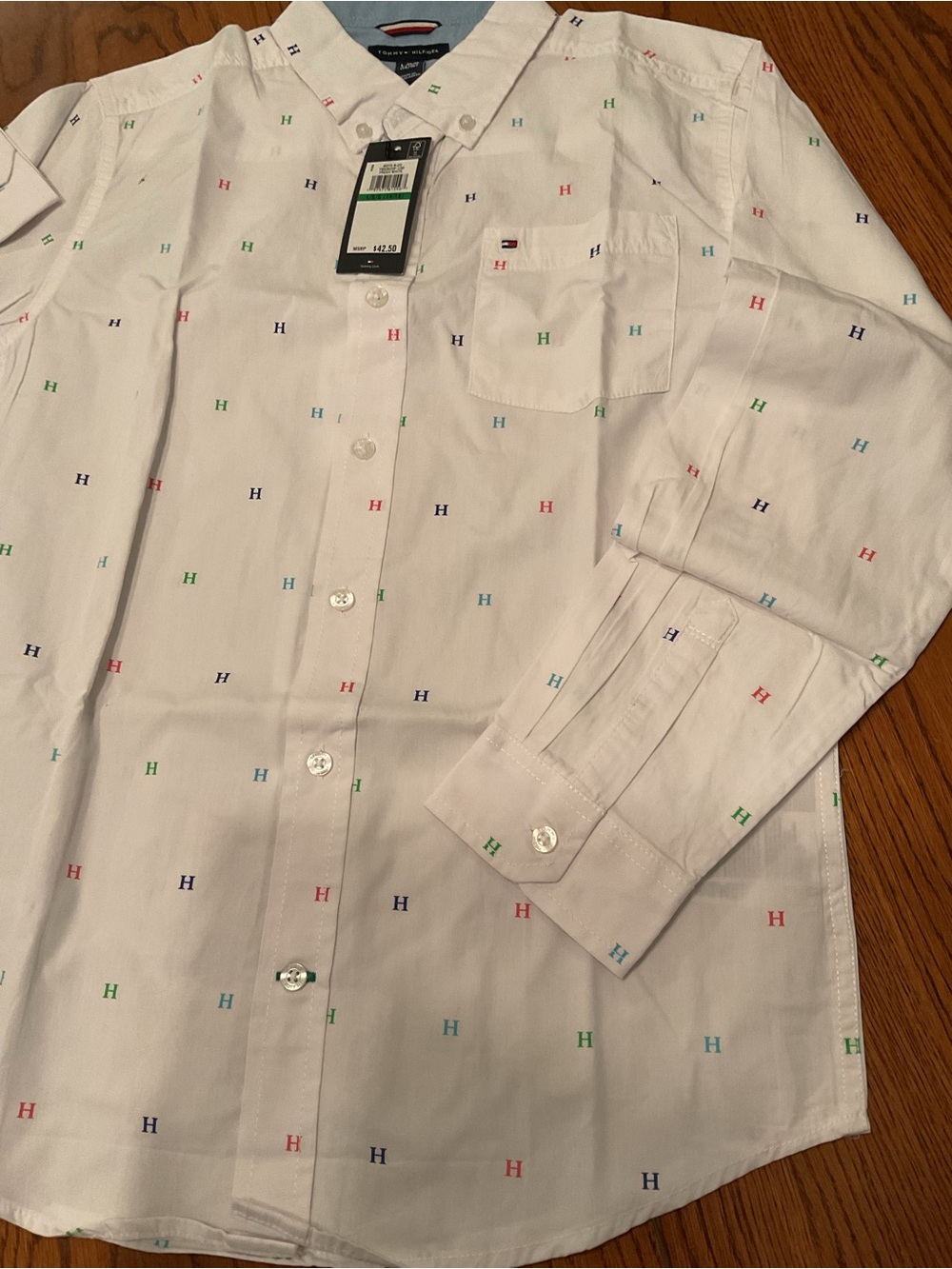 New Boy Tommy Hilfiger White Button-Down Shirt with Multicolor Stamping size L